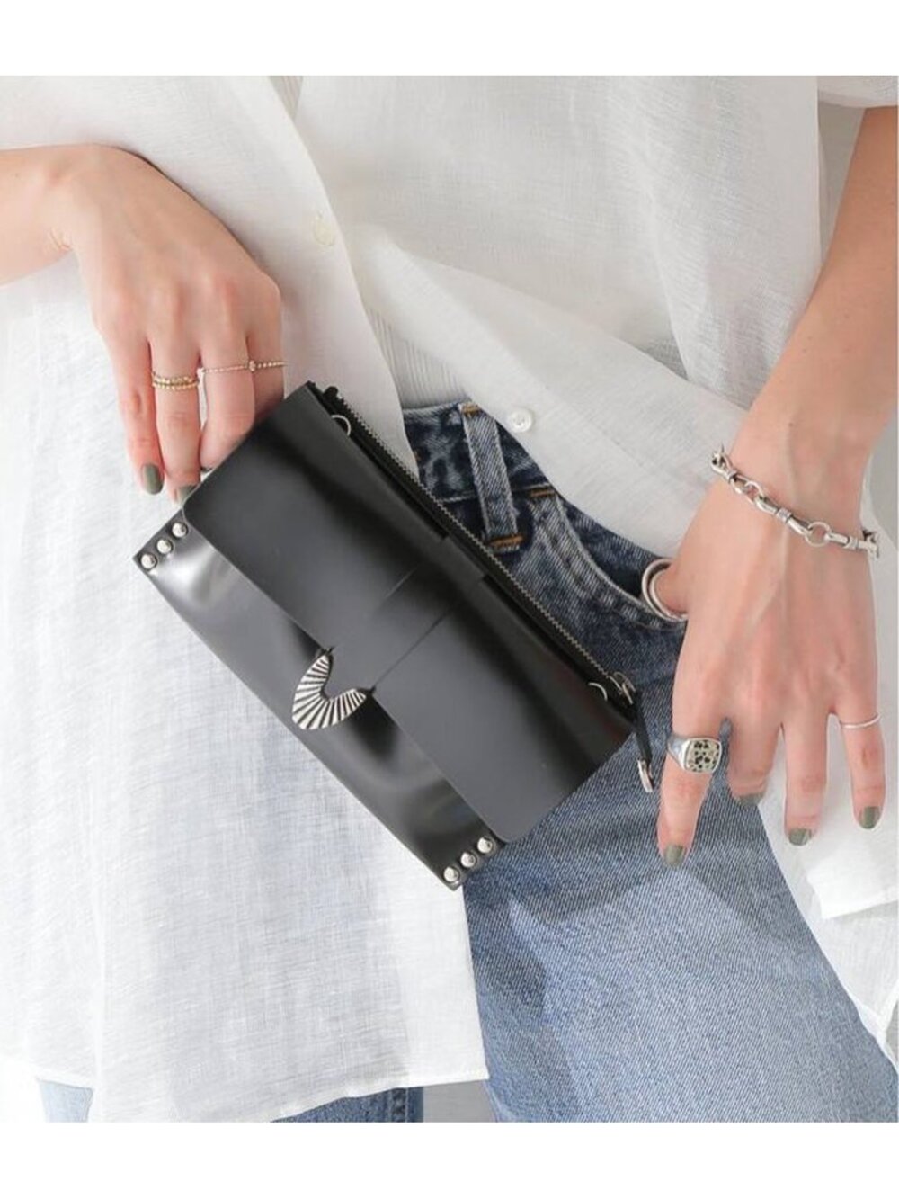 TOGA ARCHIVES Black Leather Silver Stud Embellished Chain Clutch Flap Wallet Bag - Picture 3 of 12